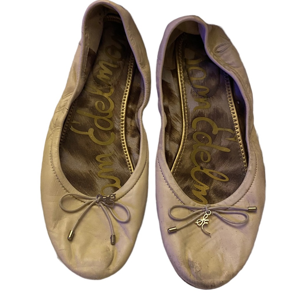 Sam Edelman Felicia leather upper ballet flat shoes chai latte, tie w/charm 8.5